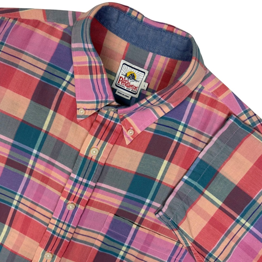 Pendleton Surf Madras Button Down Shirt Plaid Mens Large Short Sleeve Preppy